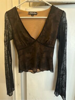 I.AM.GIA Black Sheer Lace V-Neck Long Sleeve Top
